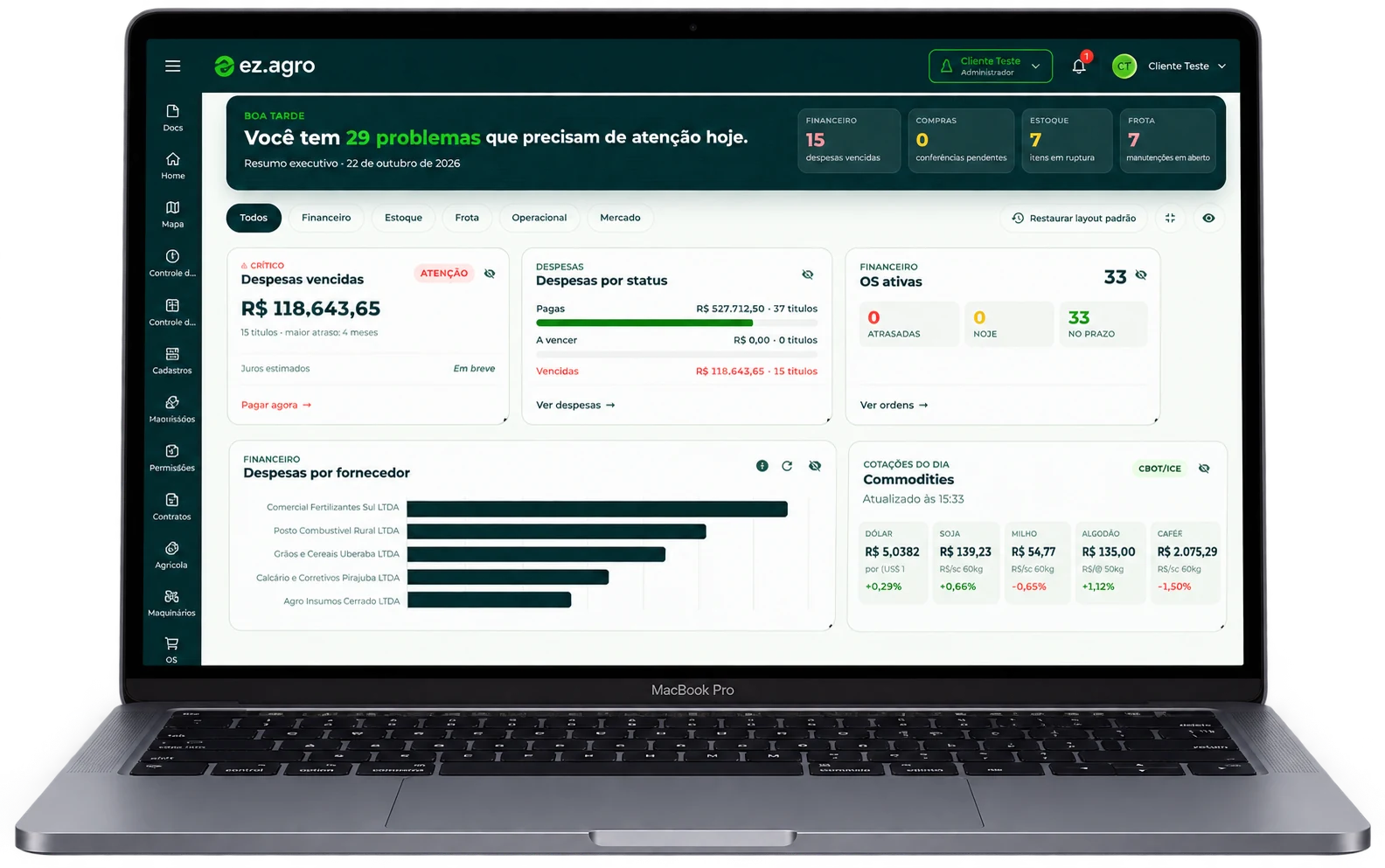 Painel executivo do EZ Agro com despesas vencidas, ordens de serviço, gastos por fornecedor e cotações de commodities
